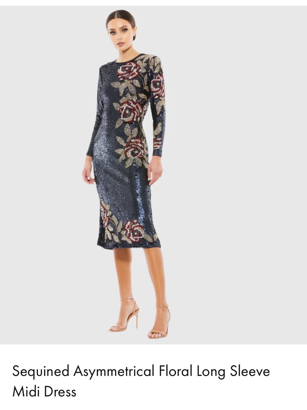 Mac Duggal Navy Sequined Midi Dress with Rose Appliqués